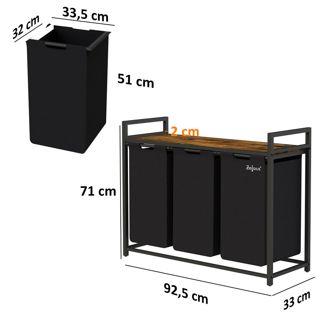Panier à linge, 3 compartiments, 92,5 x 33 x 72 cm, avec étagère