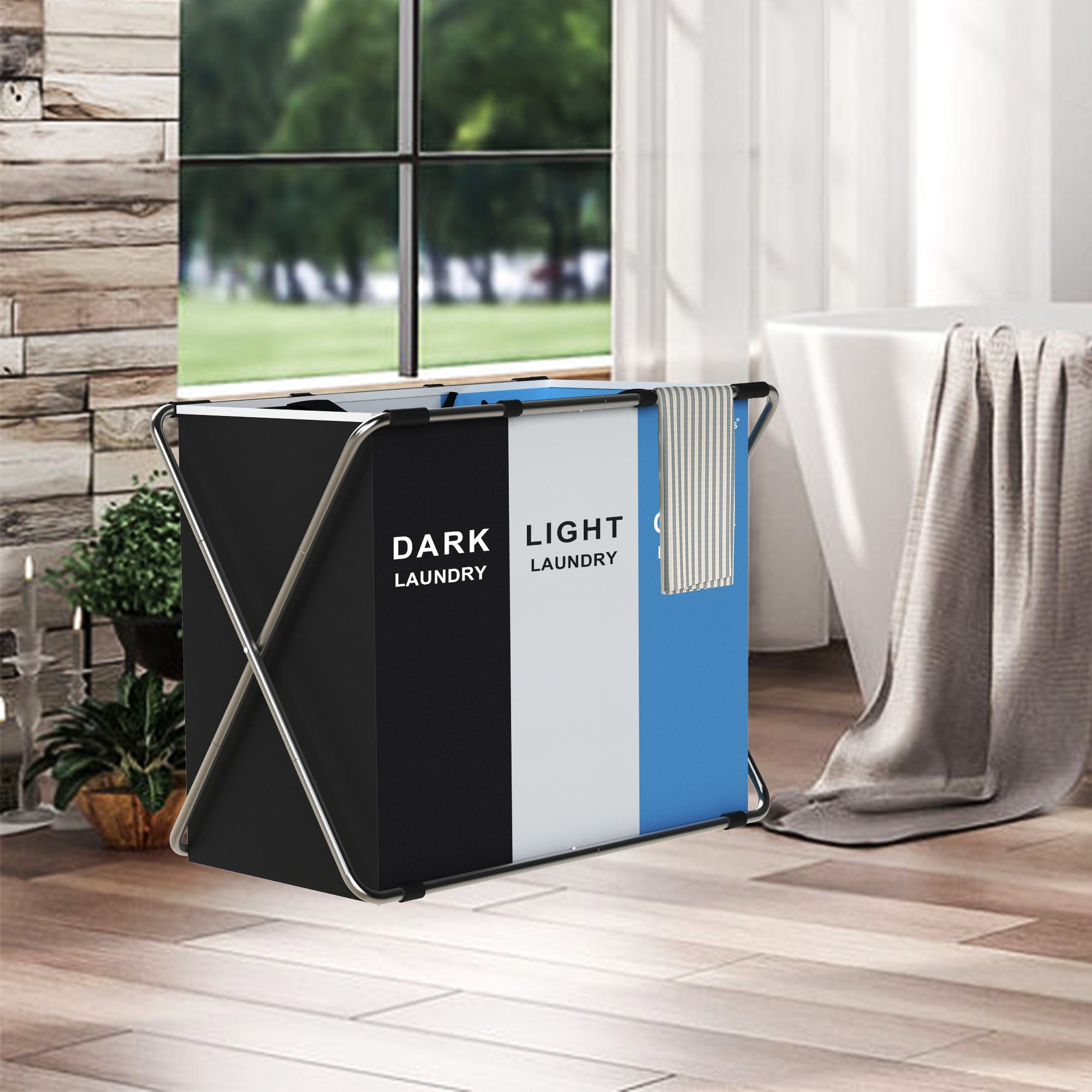 Panier à linge, 3 compartiments, 77 x 40 x 57,5 ​​cm, pliable