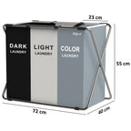 Laundry hamper, 3 compartments, 77 x 40 x 57.5 cm, foldable