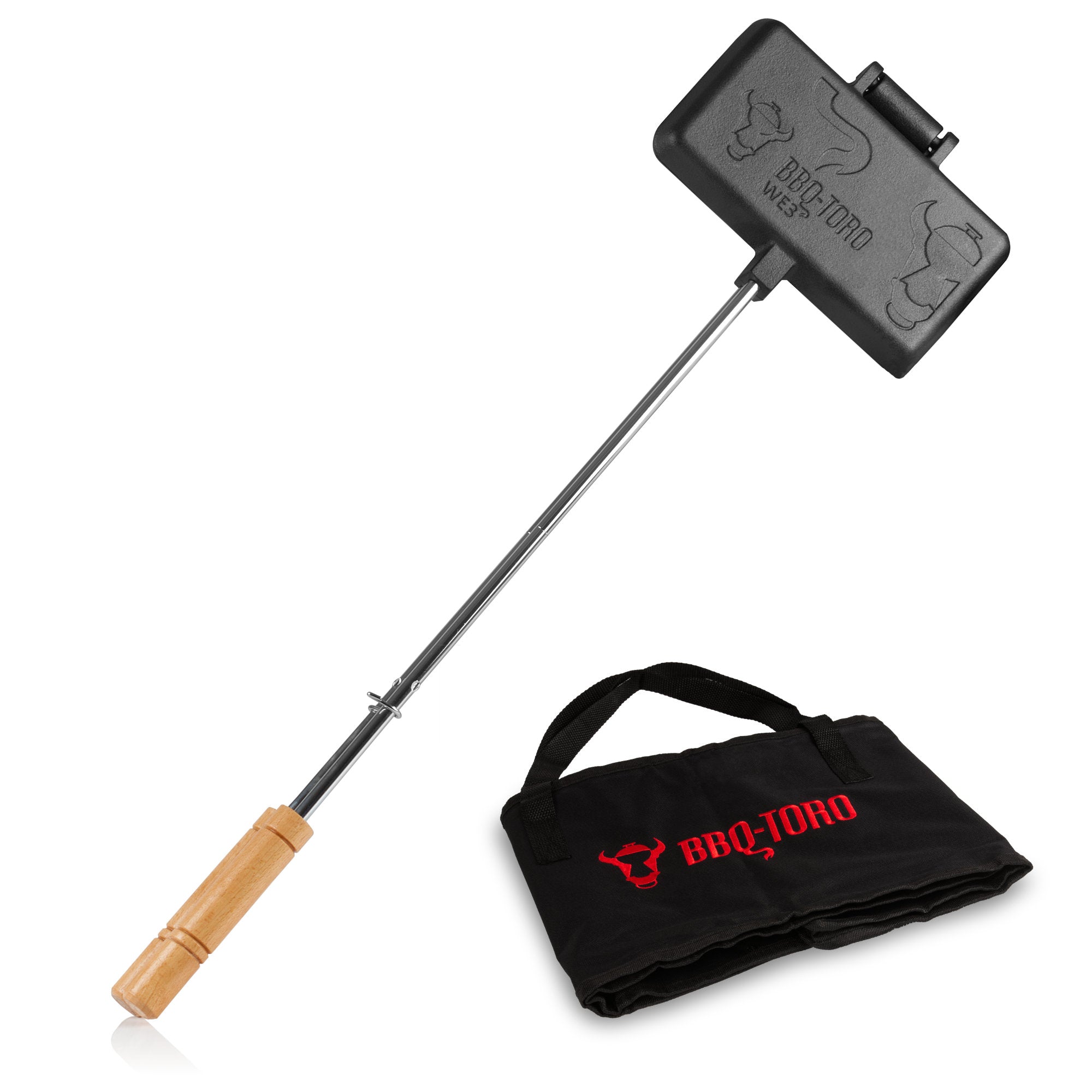 Sandwich iron, rectangular, including carrying bag and long handle