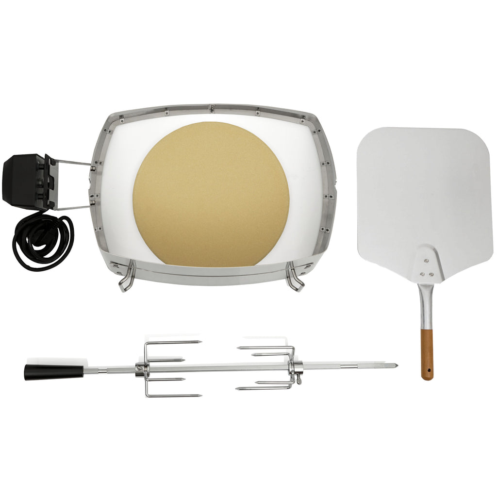 Pizza ring set, including rotisserie spit, motor and pizza element, for Weber series