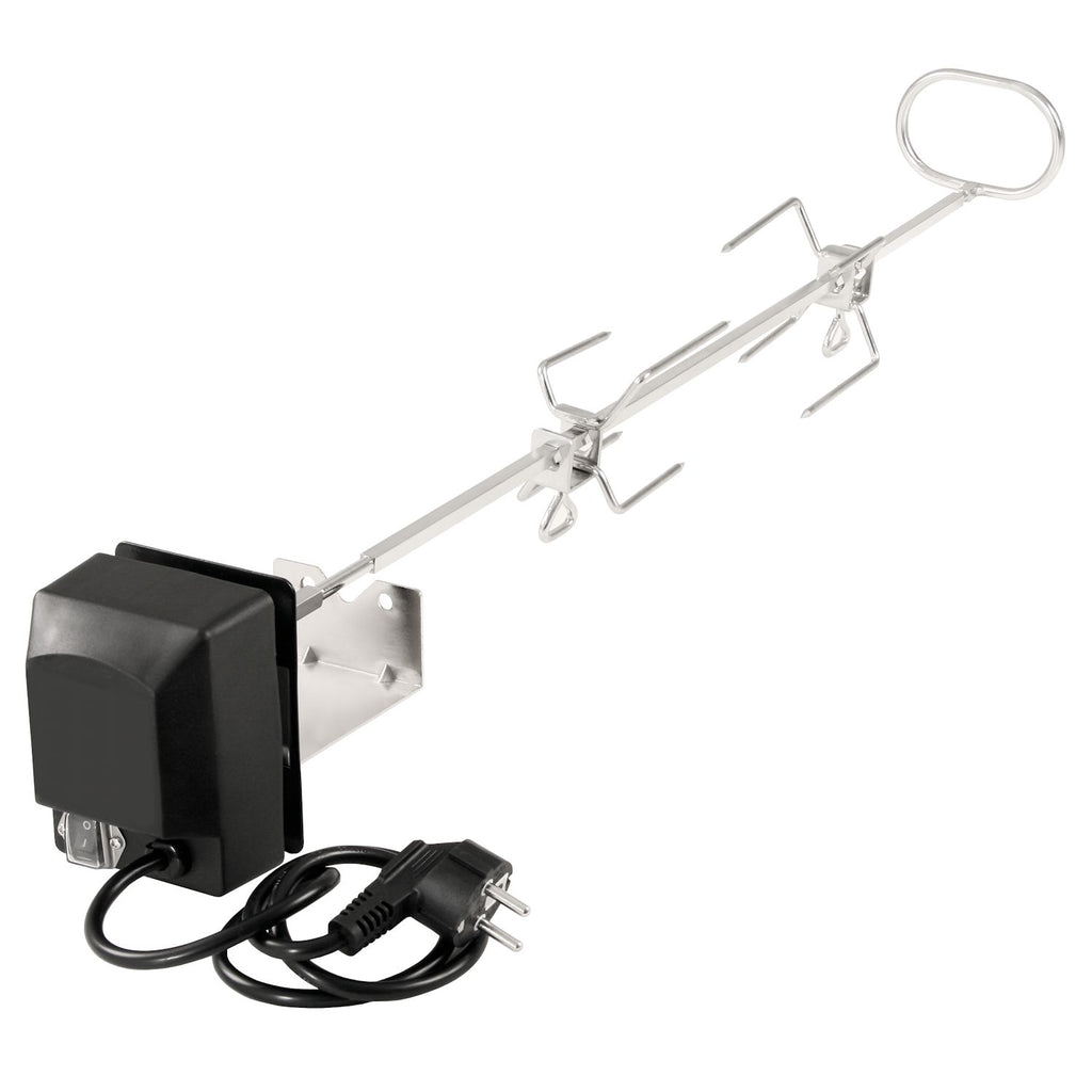 Kit rôtisserie pour votre barbecue à gaz Weber Genesis, comprenant les broches à viande, le moteur et le support moteur.