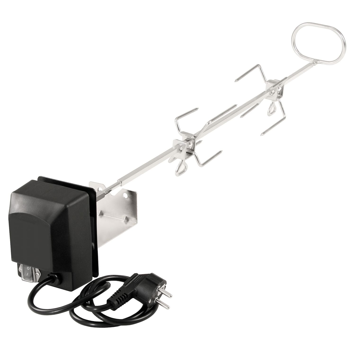 Kit rôtisserie pour votre barbecue à gaz Weber Genesis, comprenant les broches à viande, le moteur et le support moteur.