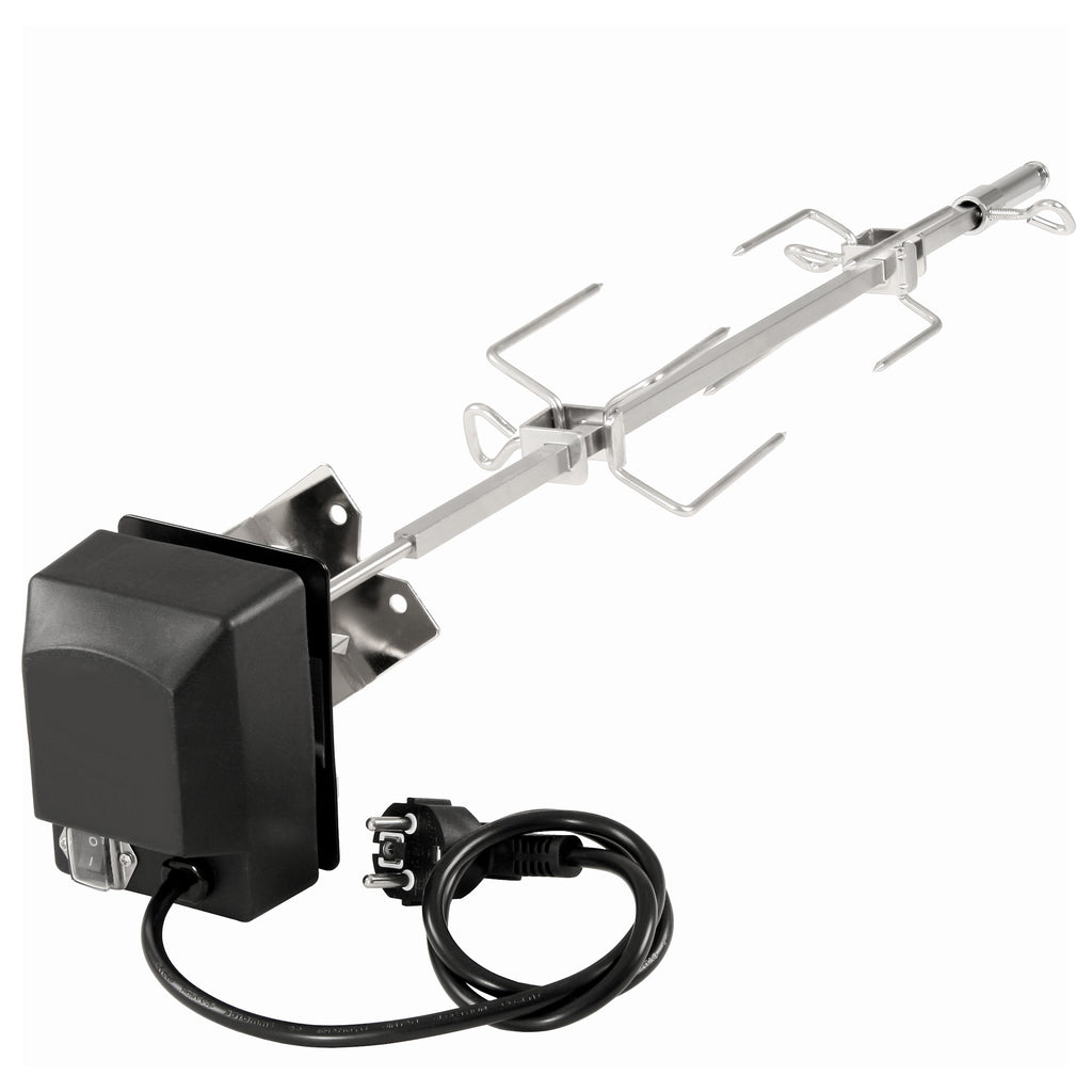 Kit rôtisserie pour votre barbecue à gaz Weber Spirit, comprenant les broches à viande, le moteur et le support moteur.