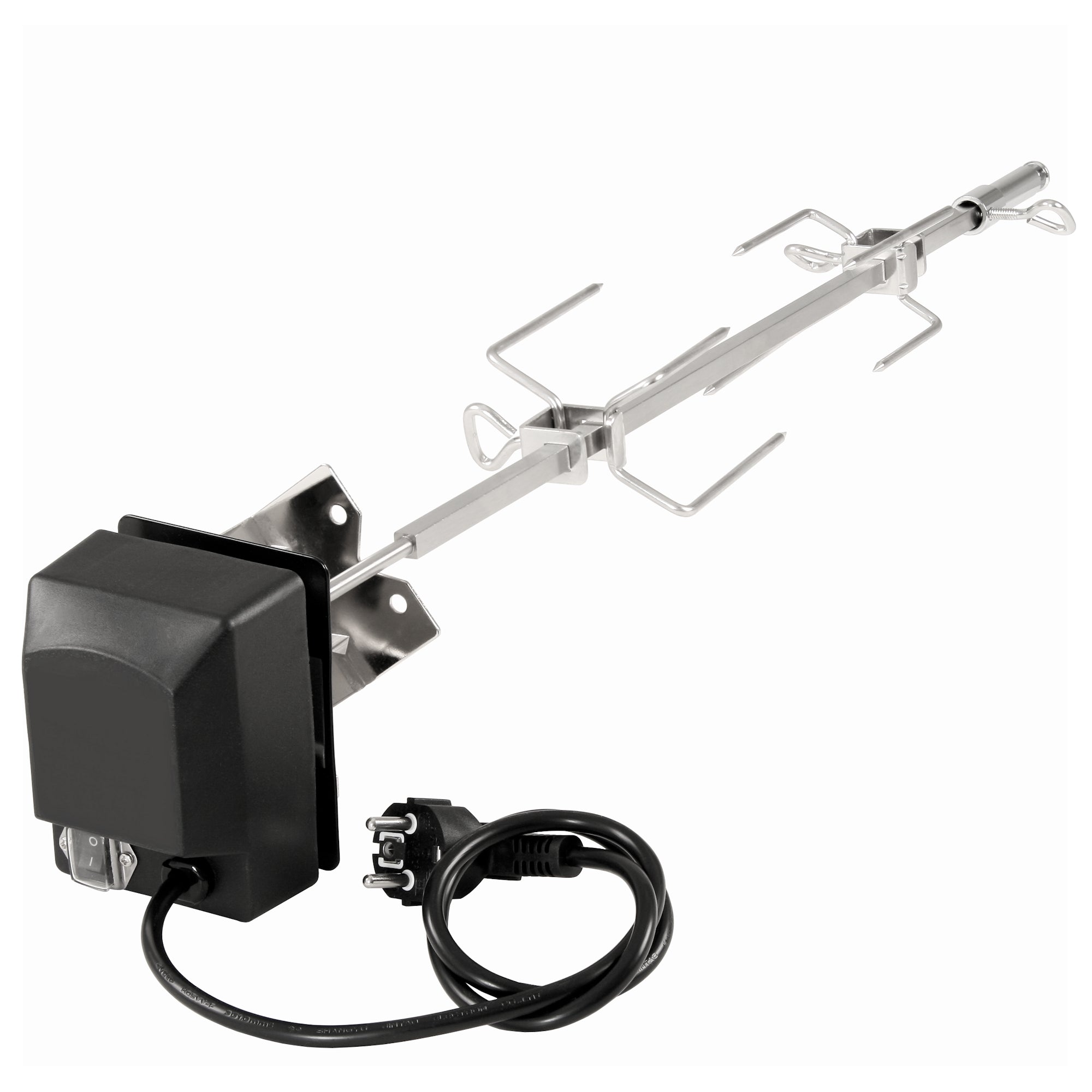 Kit rôtisserie pour votre barbecue à gaz Weber Spirit, comprenant les broches à viande, le moteur et le support moteur.