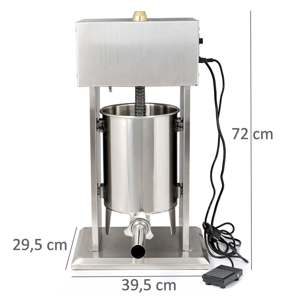 Electric sausage stuffer, 10 liters, stainless steel, including foot pedal operation and 4 stainless steel filling nozzles
