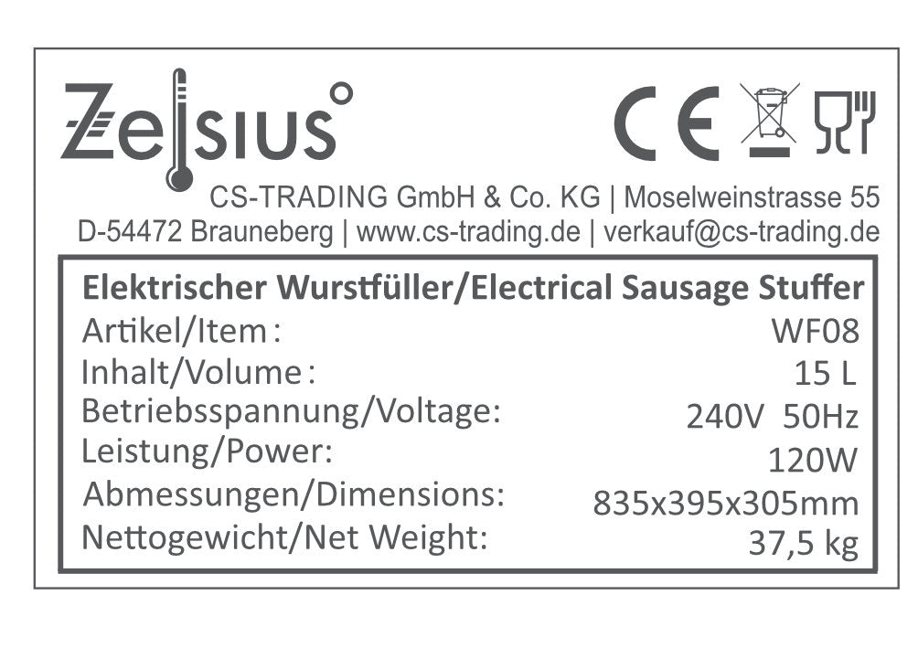 Poussoir à saucisses électrique, 15 litres, en acier inoxydable, avec pédale et 4 embouts de remplissage en acier inoxydable.