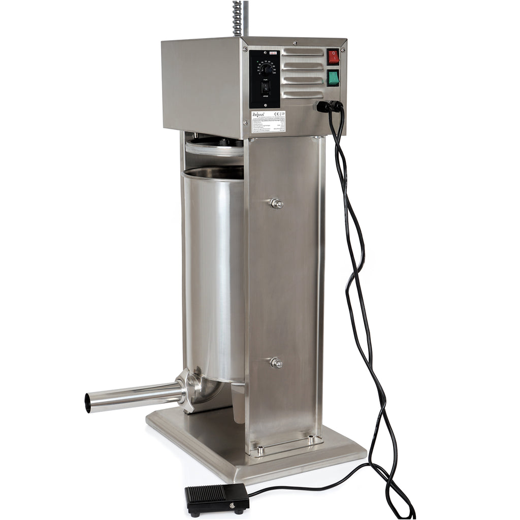 Poussoir à saucisses électrique, 15 litres, en acier inoxydable, avec pédale et 4 embouts de remplissage en acier inoxydable.