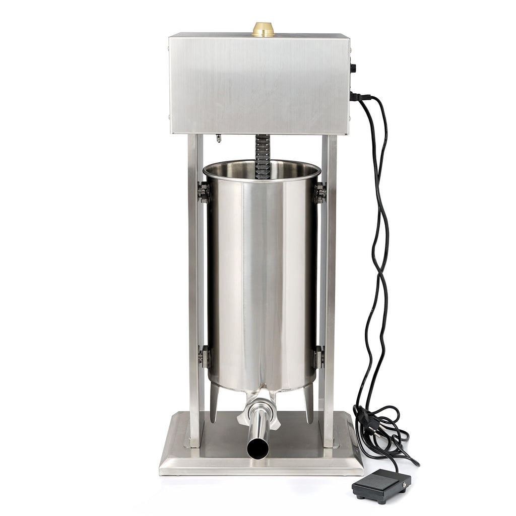 Poussoir à saucisses électrique, 15 litres, en acier inoxydable, avec pédale et 4 embouts de remplissage en acier inoxydable.