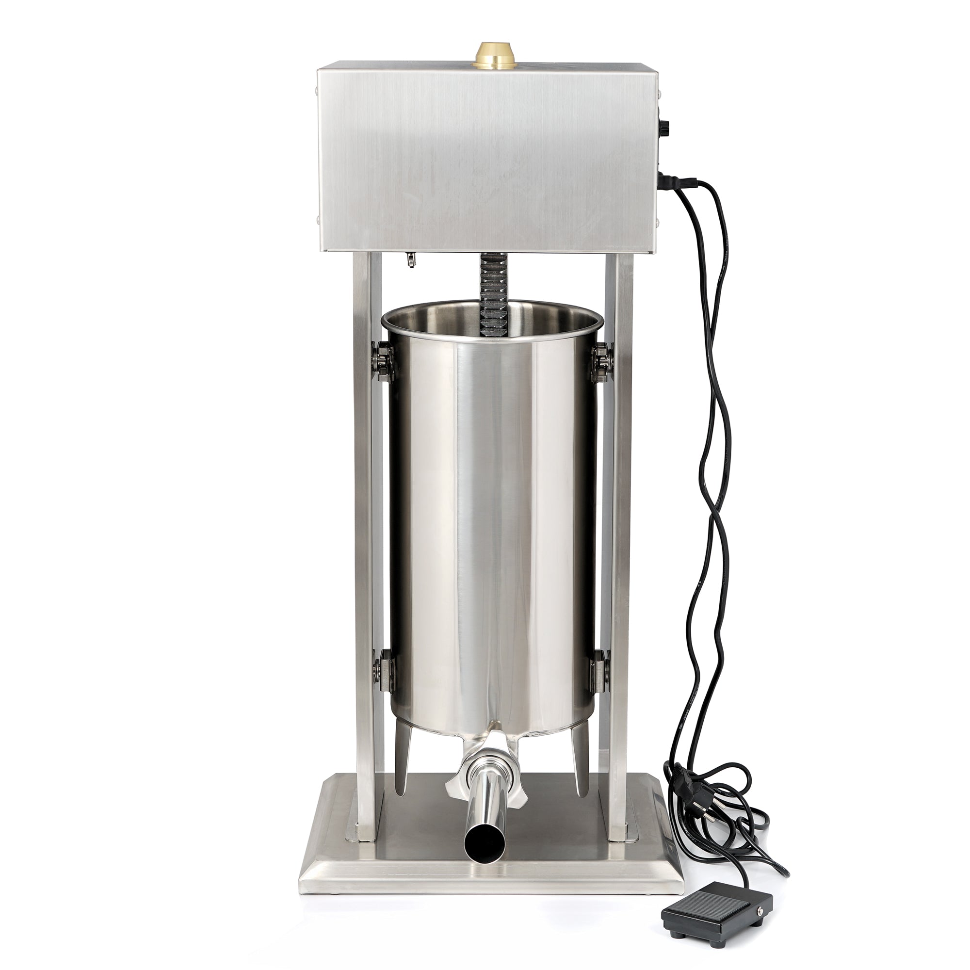 Poussoir à saucisses électrique, 15 litres, en acier inoxydable, avec pédale et 4 embouts de remplissage en acier inoxydable.
