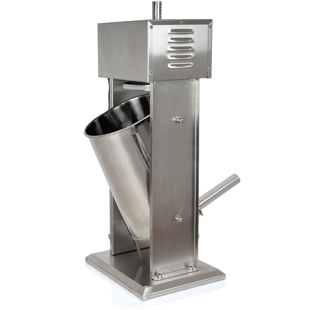 Poussoir à saucisses électrique, 15 litres, en acier inoxydable, avec pédale et 4 embouts de remplissage en acier inoxydable.