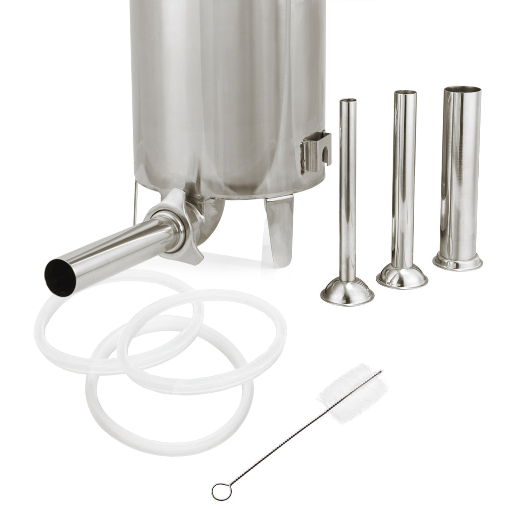 Poussoir à saucisses électrique, 15 litres, en acier inoxydable, avec pédale et 4 embouts de remplissage en acier inoxydable.