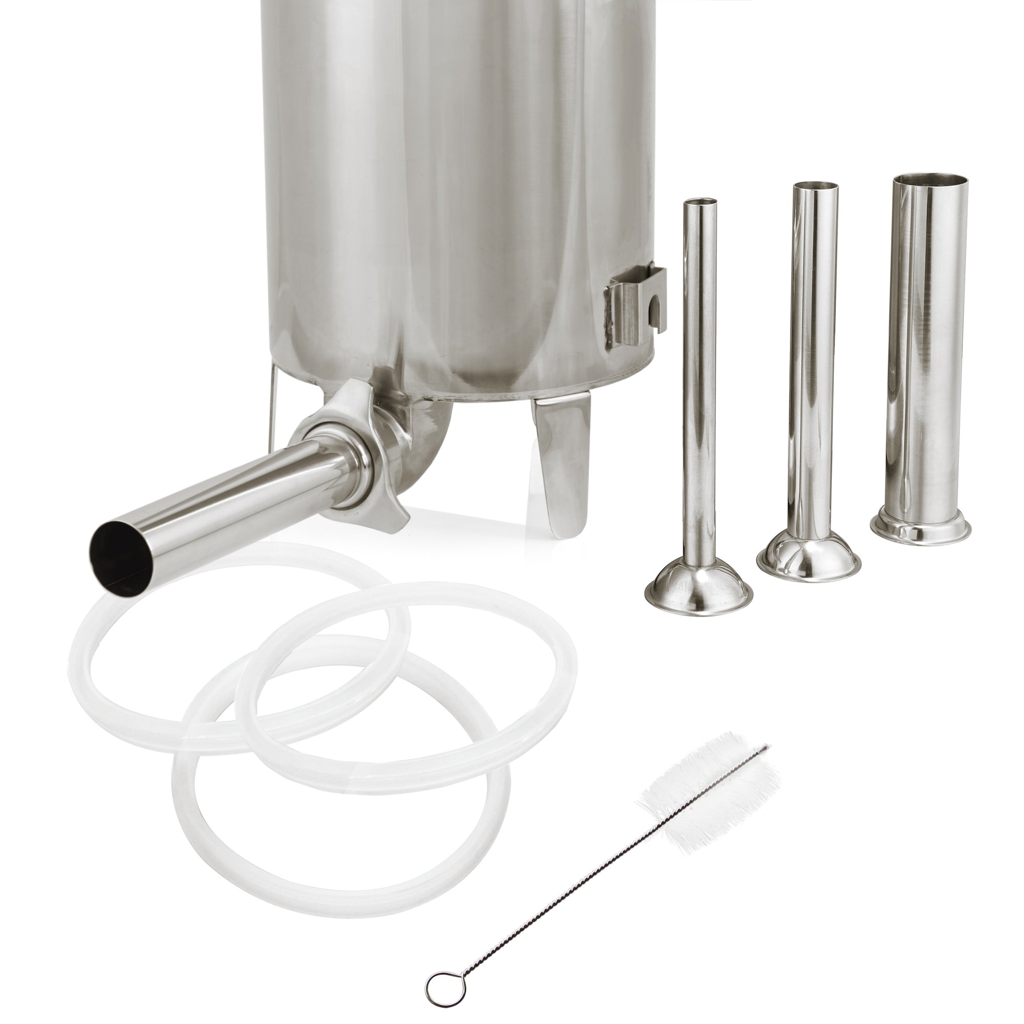 Poussoir à saucisses électrique, 15 litres, en acier inoxydable, avec pédale et 4 embouts de remplissage en acier inoxydable.