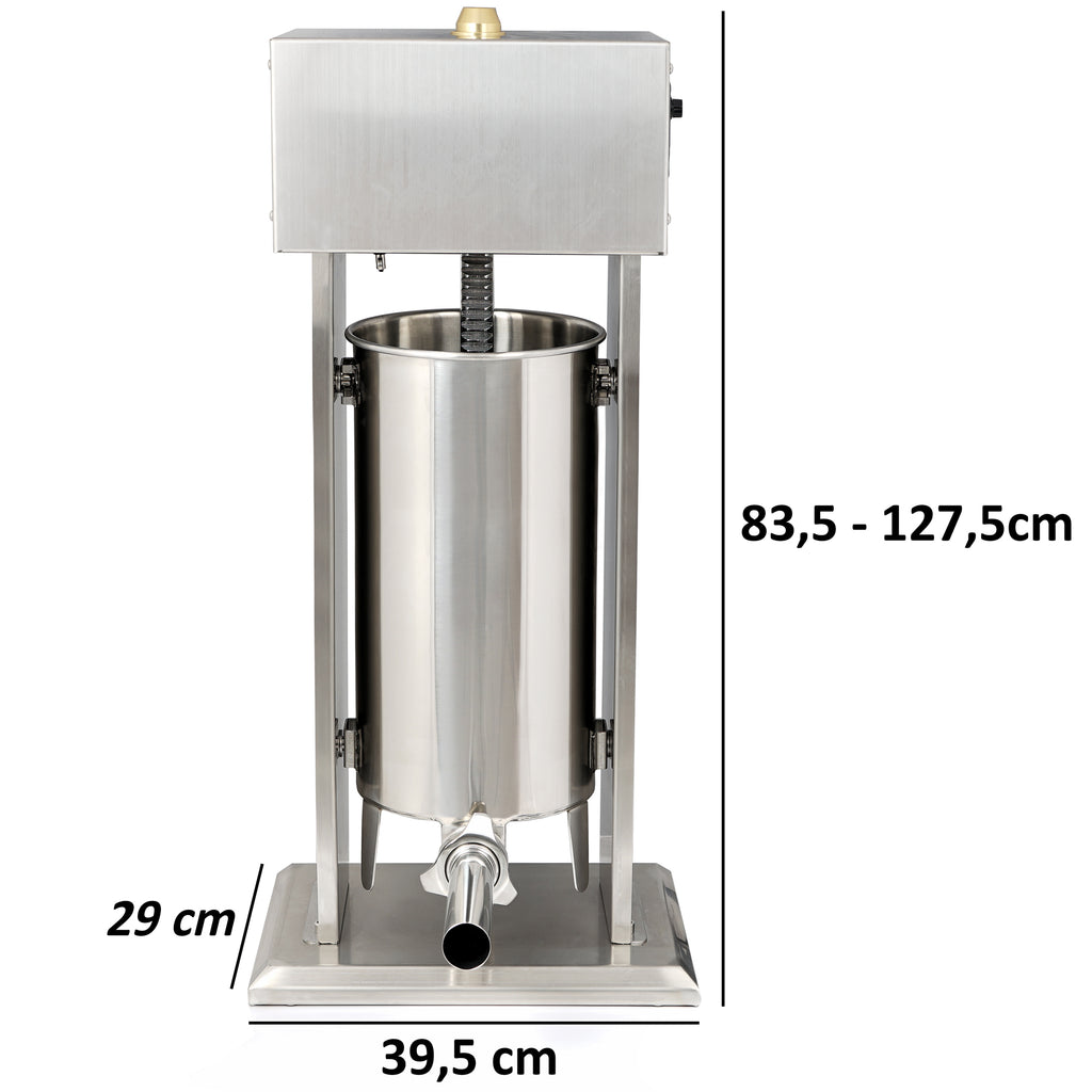 Poussoir à saucisses électrique, 15 litres, en acier inoxydable, avec pédale et 4 embouts de remplissage en acier inoxydable.