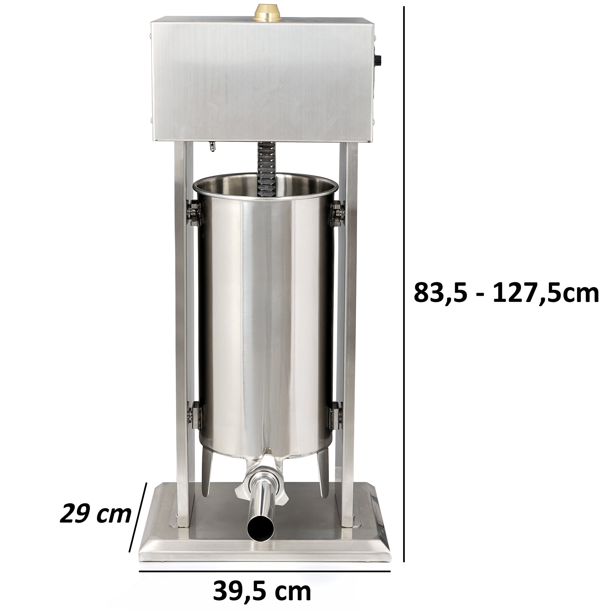 Poussoir à saucisses électrique, 15 litres, en acier inoxydable, avec pédale et 4 embouts de remplissage en acier inoxydable.