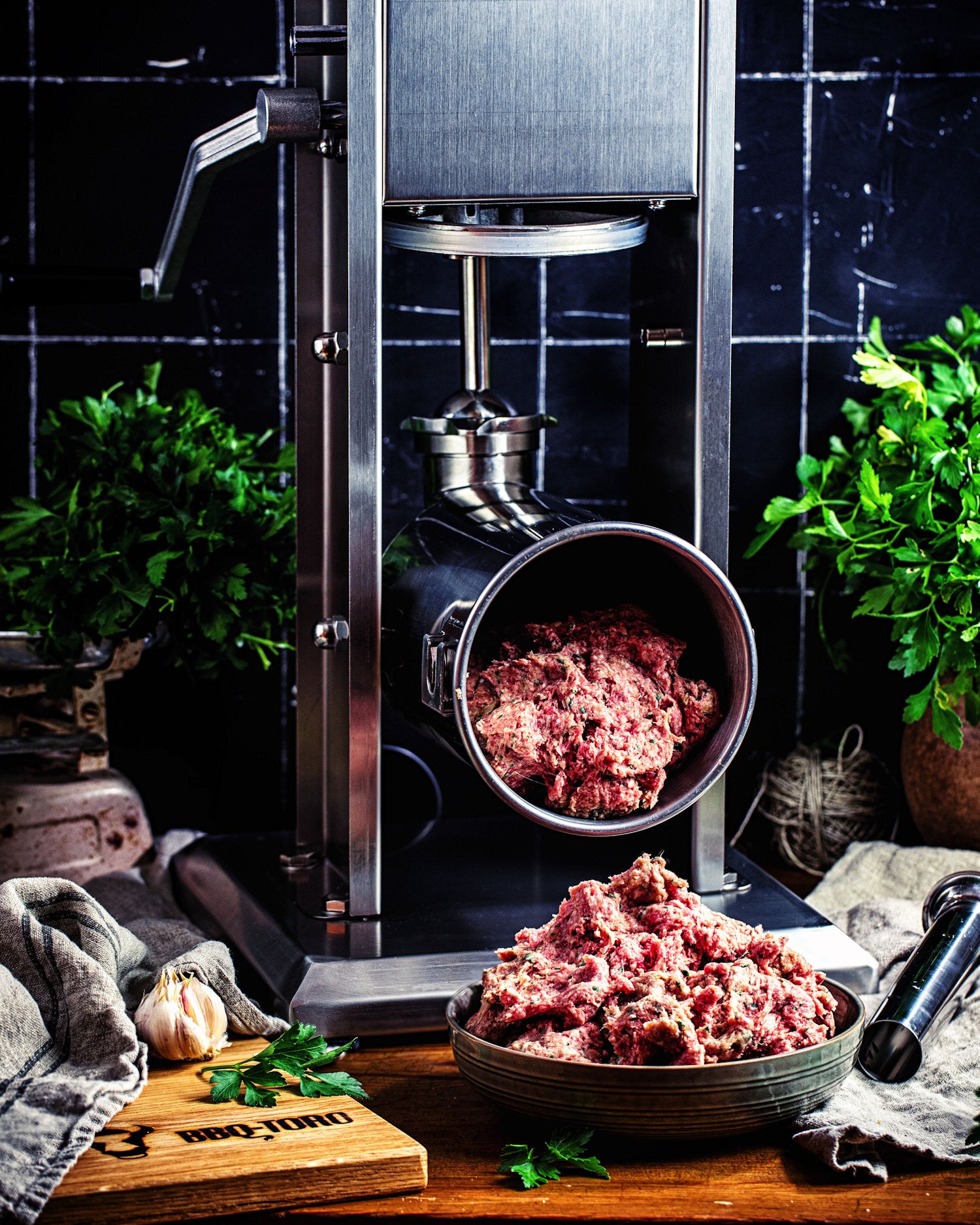 Poussoir à saucisses électrique, 15 litres, en acier inoxydable, avec pédale et 4 embouts de remplissage en acier inoxydable.
