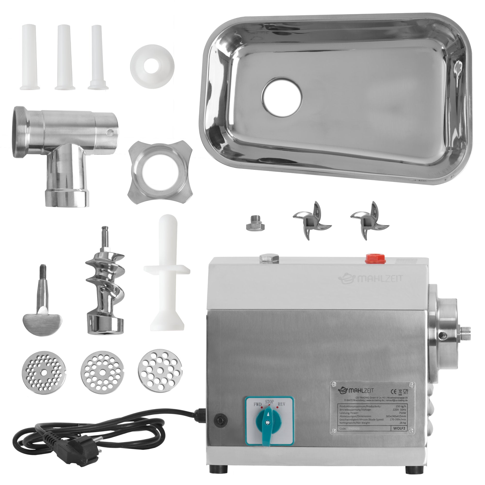 Fleischwolf, elektrisch, Edelstahl, 750W - 150kg/h