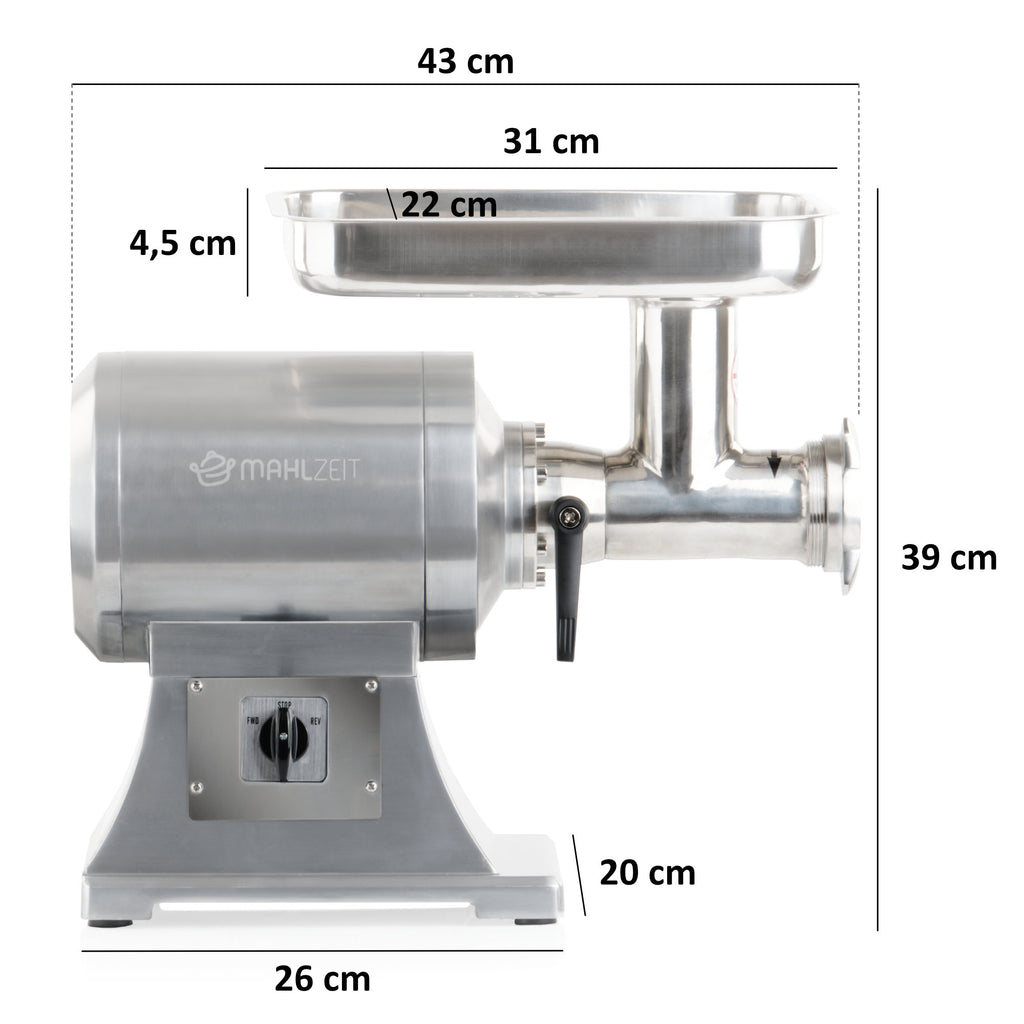 Electric meat grinder, stainless steel, 450W 75kg/h, including sausage stuffer attachments