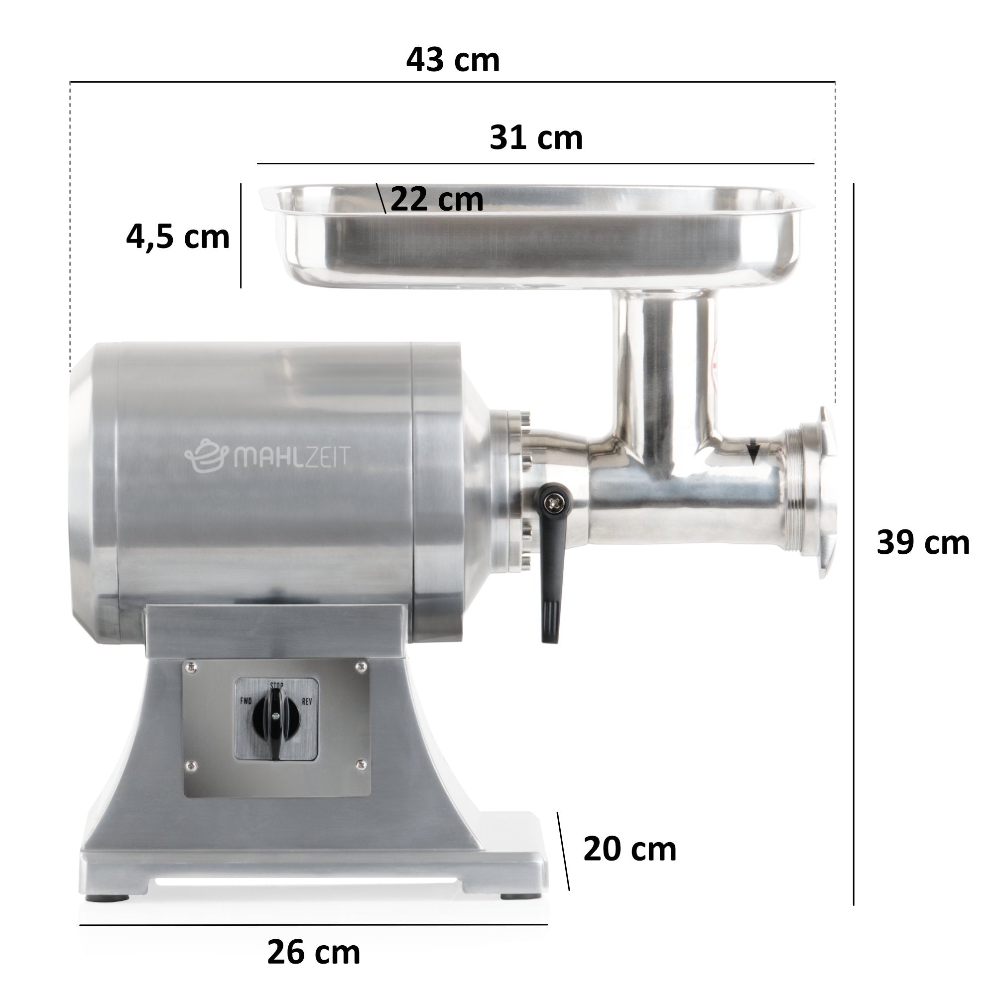 Electric meat grinder, stainless steel, 450W 75kg/h, including sausage stuffer attachments