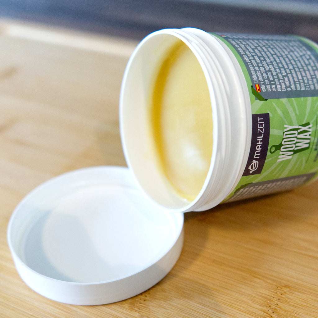 Ensemble d'entretien du bois « WOODY WAX » et « WOODY OIL » pour planches à découper, parfum citron vert