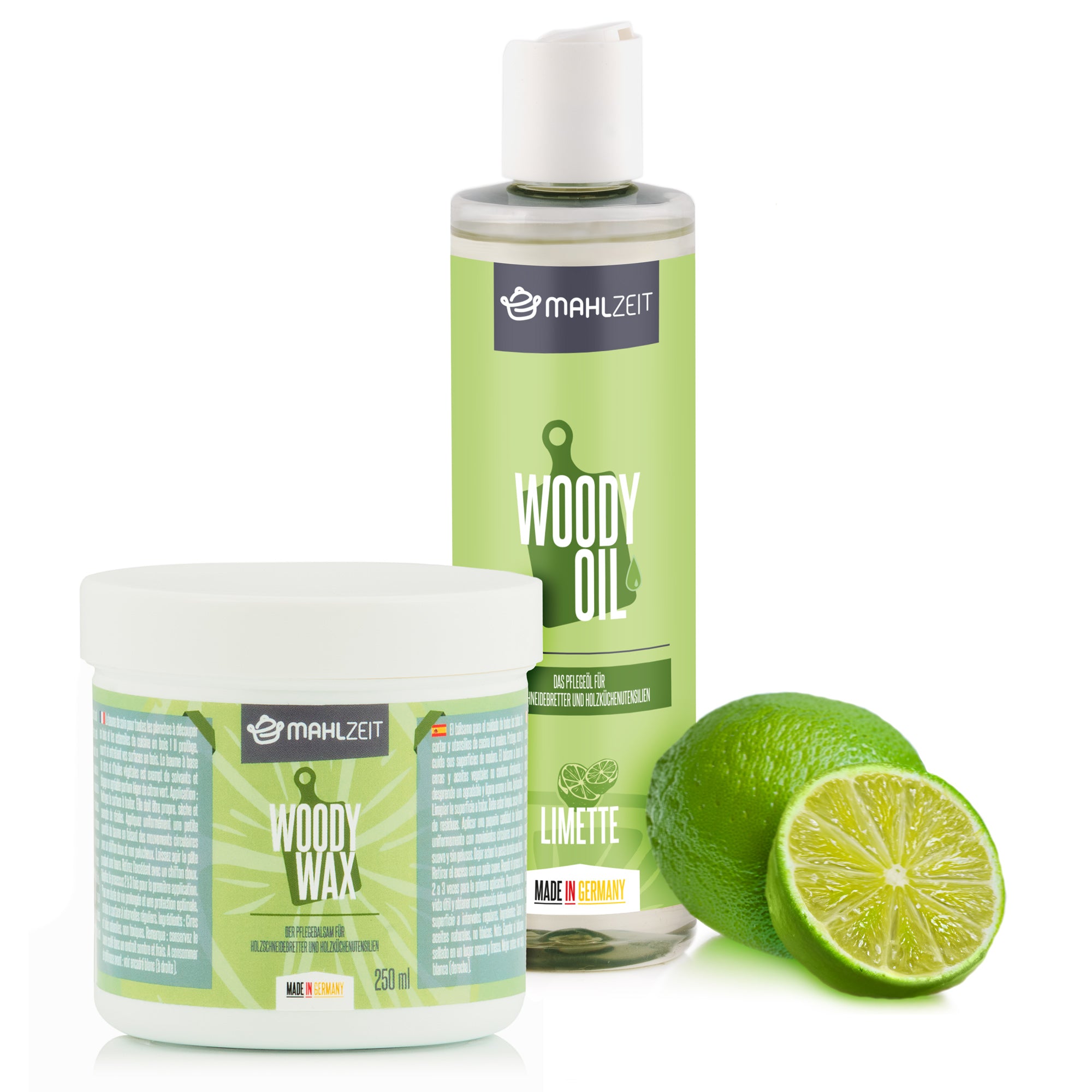 Wood care set "WOODY WAX" and "WOODY OIL" for cutting boards, lime scent