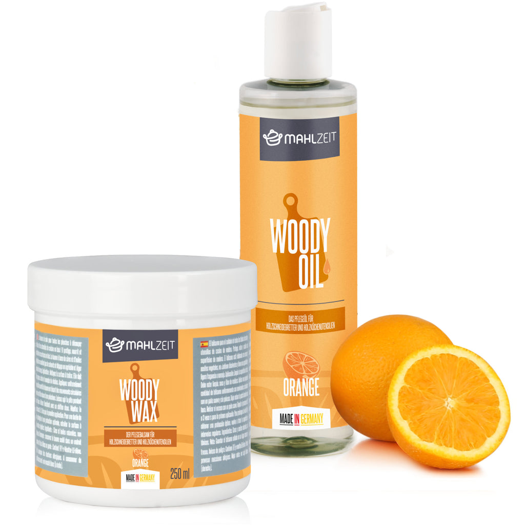 Wood care set "WOODY WAX" and "WOODY OIL", for cutting boards, orange scent