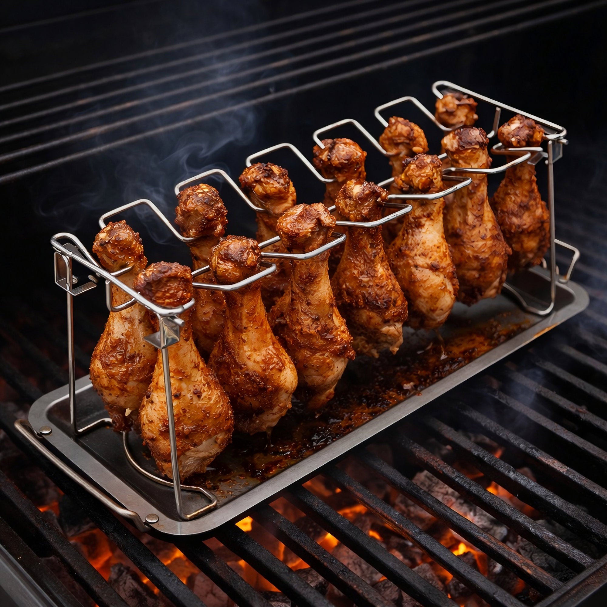 Chicken leg holder, stainless steel, for 12 chicken legs, including tray
