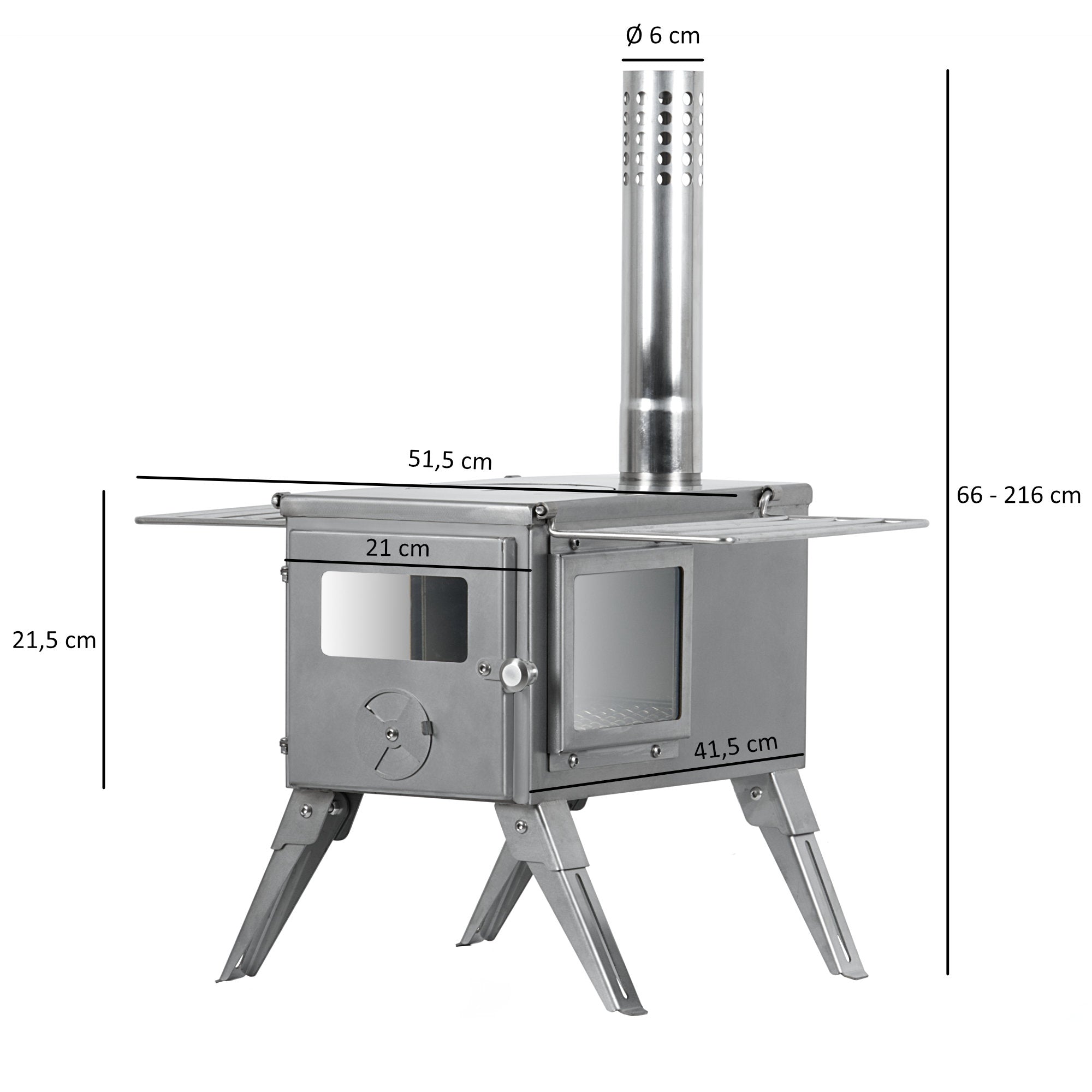 Tent stove, 51.5 x 42 x 216 cm, stainless steel